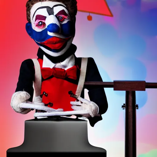 Image similar to mad puppeteer using marionette of a president thats has clown makeup in a podium