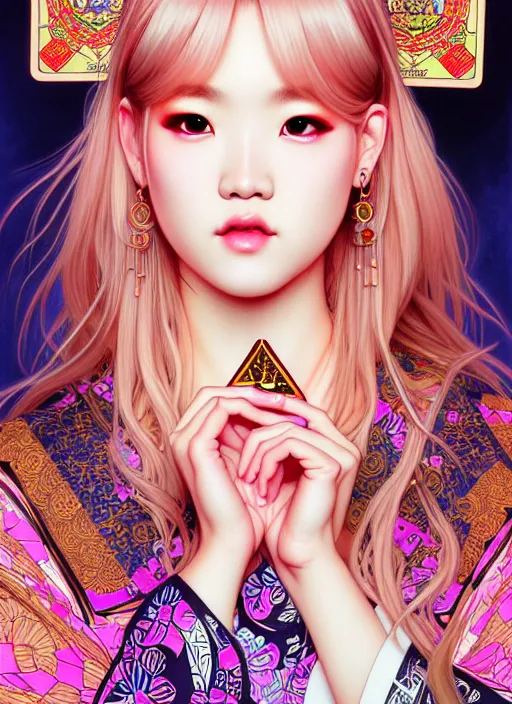 Image similar to jossi of blackpink, yukata, tarot card, highly detailed, digital painting, smooth, sharp focus, illustration, ultra realistic, 8 k, art by artgerm and alphonse mucha