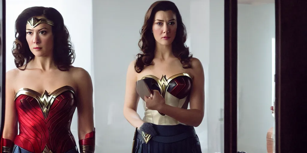 Image similar to ultra wide angle photo of mary elizabeth winstead dressed in a white blouse and black dress pants as diana prince looking at herself in a bathroom mirror and seeing her reflection as wonder woman