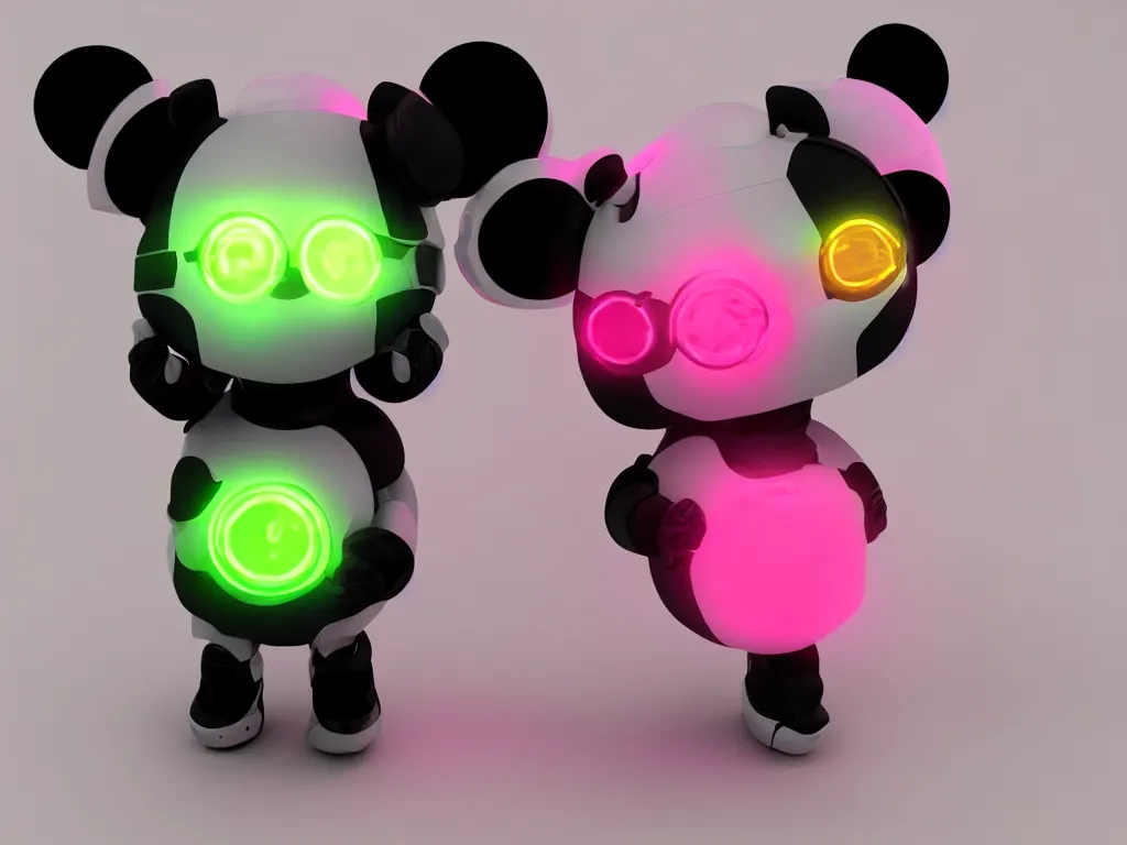 Prompt: 3D Render Portrait Of A Cute, Robot Panda With Glowing Yellow Eyes On A Neon Pink Background, Digital Art