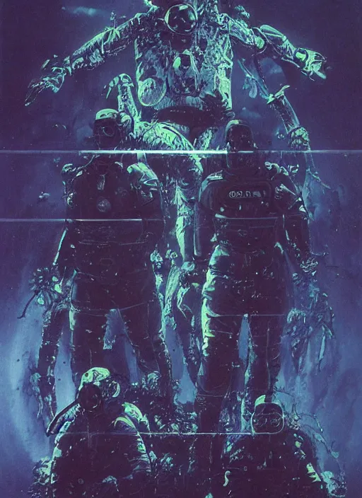 Image similar to astronauts divers in dark void underwater - complex and hyperdetailed technical suit design. reflection and dispersion materials. rays and dispersion of light. volumetric light. f / 3 2. noise film photo. flash photography. ultra realistic, 5 0 mm. poster by wayne barlowe, hajime sorayama aaron horkey, craig mullins