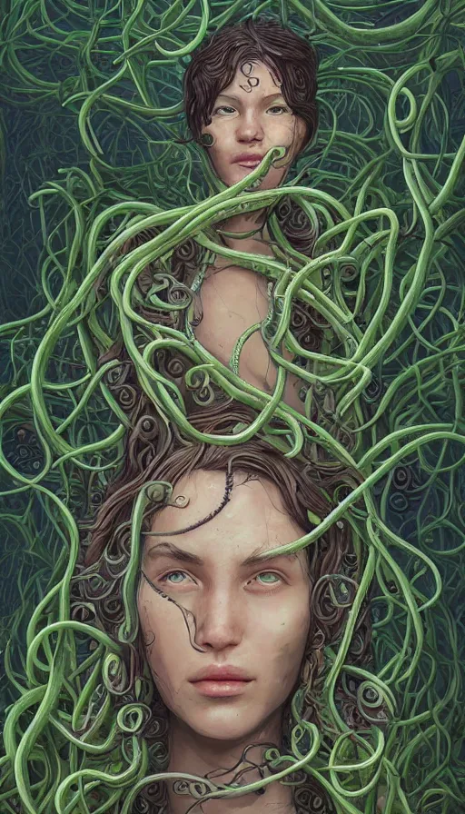 Image similar to very detailed portrait of a 2 0 years old girl surrounded by tentacles, the youg woman visage is blooming from fractal and vines, by ian mcque