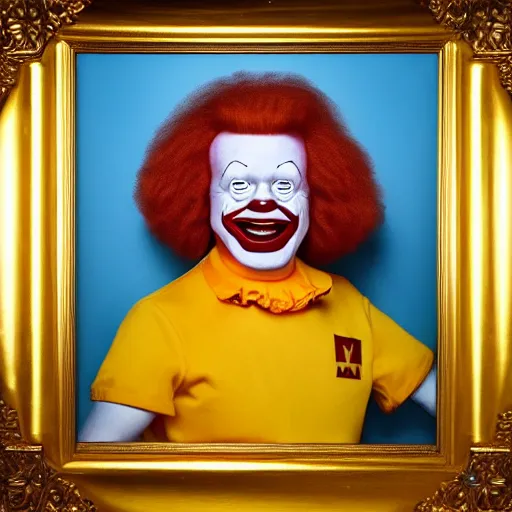 Image similar to extremely detailed studio portrait of ronald mcdonald surrended by gold, soft light, golden glow, award winning photo, 4 k