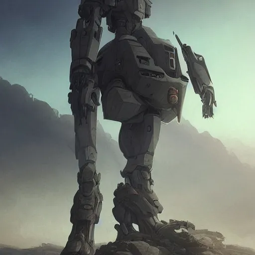 Image similar to epic portrait A mech giant robot walking around on a dead world, atmospheric, apocalyptic, rocky, digital painting, artstation, concept art, soft light, hdri, smooth, sharp focus, illustration, fantasy, intricate, elegant, highly detailed, D&D, matte painting, in the style of Greg Rutkowski and Alphonse Mucha and artemisia, 8k, highly detailed, jurgens, rutkowski, bouguereau, pastoral, rustic, georgic