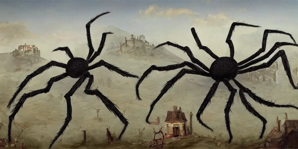 Prompt: painting of a giant spider walking in a village, surreal