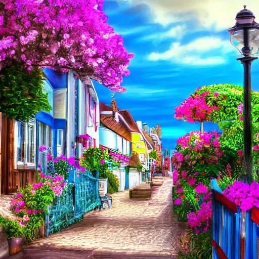 Prompt: by the seaside town street, digital painting, bloom, hyperrealistic, photo