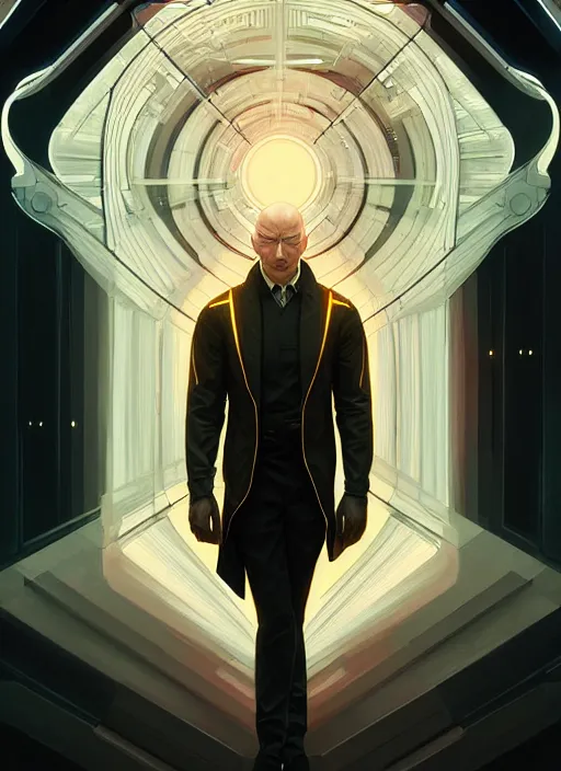 Image similar to symmetry portrait of professor charles xavier, sci - fi, tech wear, glowing lights, intricate, elegant, highly detailed, digital painting, artstation, concept art, smooth, sharp focus, illustration, art by artgerm and greg rutkowski and alphonse mucha