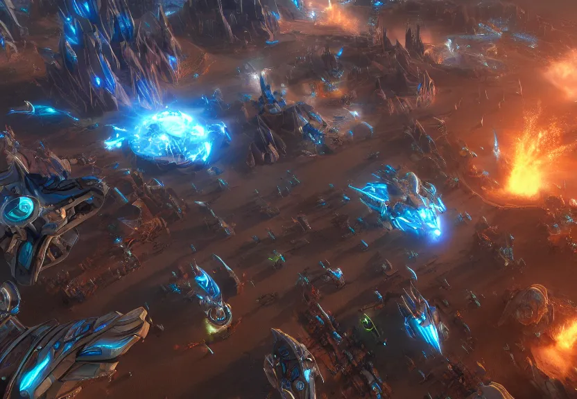 Image similar to protoss spaceship attacking zerg city from above beautiful art uhd 4 k, artstation, hdr, 4 k, incredible detail, cinematic lighting, unreal engine 5