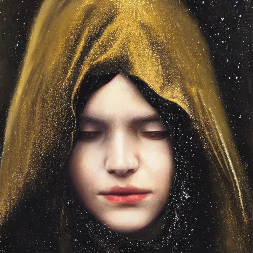 Image similar to a portrait of a young woman wearing a long dark cloak, hood and shadows covering face, holding golden chains, oil painting, matte painting, black background, Volumetric Golden dappled dynamic lighting, Highly Detailed, Cinematic Lighting, Unreal Engine, 8k, HD, by Beksinski