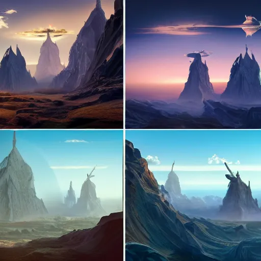 Prompt: a collage of four pictures with a man standing in the middle, a detailed matte painting by senior environment artist, behance, afrofuturism, matte painting, terragen, reimagined by industrial light and magic