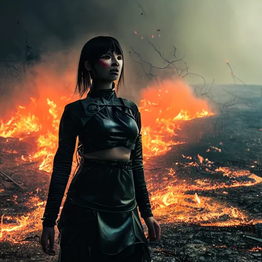 Image similar to beautiful android girl in full battle gear in a destroyed city, surrounded by fire, ground fog, moody lighting, 8 k, shallow depth of field, cinematic lighting,