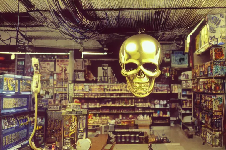 Image similar to large metallic skull attached to an infinitely long, coiled power cable, stoic and calm, inside of an unlit 1970s convenience store, ektachrome photograph, volumetric lighting, f8 aperture, cinematic Eastman 5384 film