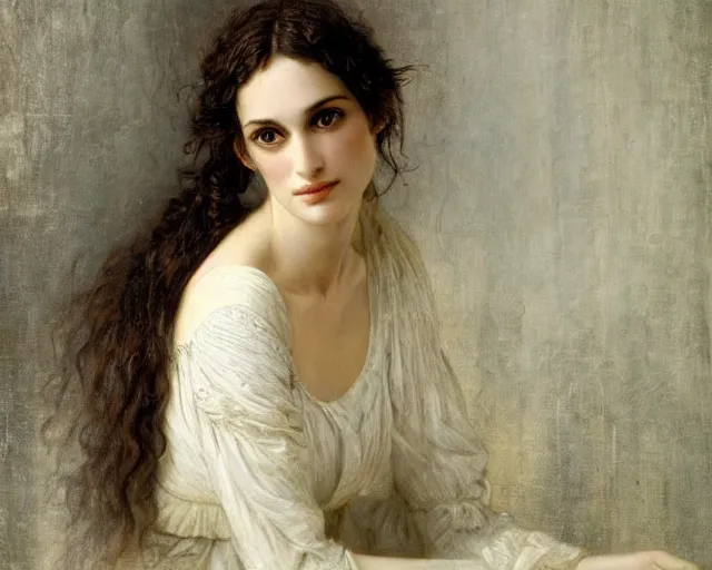 Prompt: portrait en buste of winona ryder winona ryder winona ryder kiera knightley in repose by Hughes Merle, by Pierre Auguste Cot, perfect detailed eyes, realistic fabric, abundant detail
