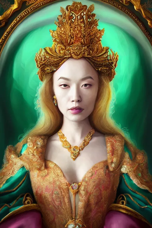 Image similar to a beautiful empress portrait, with a brilliant, impossible striking shiny big emerald headpiece, emerald robes, Alice in wonderland, rococo, baroque, jewels, asian, realistic, closeup, D&D, fantasy, intricate, elegant, highly detailed, digital painting, symmetrical, artstation, octane render, 8k, concept art, matte, sharp focus, illustration, art by Artgerm and Greg Rutkowski and Alphonse Mucha