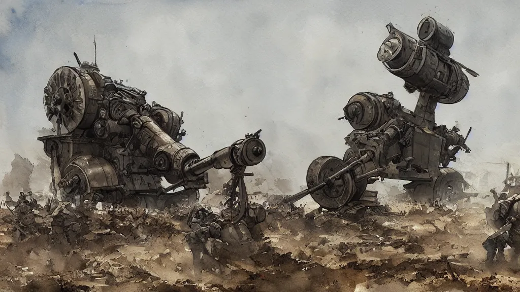 Image similar to big bertha artillery howitzer from world war i, watercolored, jakub rozalski, dark colours, dieselpunk, artstation