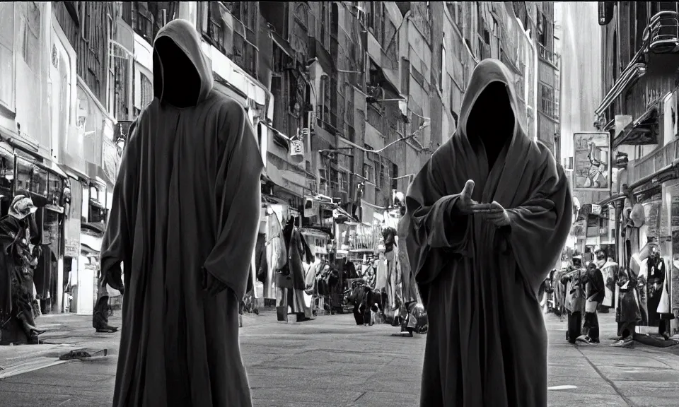 Prompt: hooded shaman, outfit by isei miyake, with rings on all his fingers, selling silver sigils in the streets of soho, cinematography by roger deakins, syd mead, triadic, sci - fi, arik roper, concept art