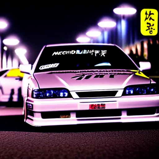 Prompt: a car JZX90 turbo drift at illegal car meet, Chiba prefecture, city midnight mist lights, cinematic color, photorealistic, highly detailed, work wheels, 85MM