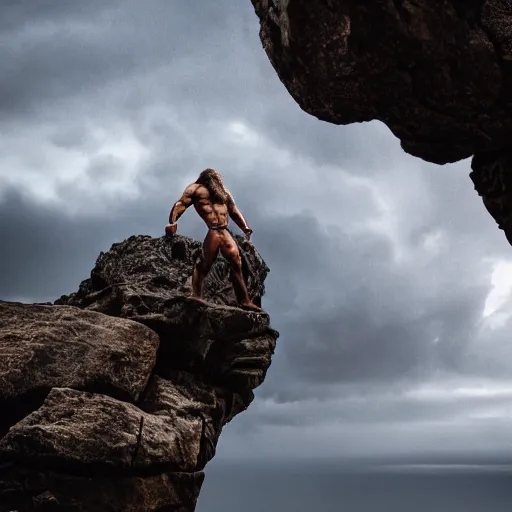 Prompt: cinematic shot of a muscular viking with a large beard standing on a rocky cliff with cloudy stormy weather in the sky, 8 k, very intricate, very detailed,