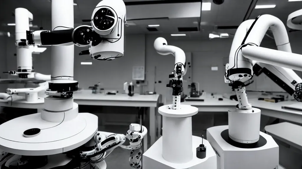 Image similar to a complex bifurcated robotic cnc surgical arm hybrid mri 3 d printer machine making black and white ceramic mutant forms in the laboratory inspection room, film still from the movie directed by denis villeneuve with art direction by salvador dali, wide lens