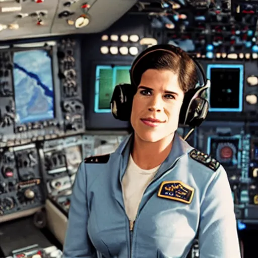 Prompt: photo of neve campbell dressed as a pilot on the flight deck of an airliner, 4 k, highly detailed.