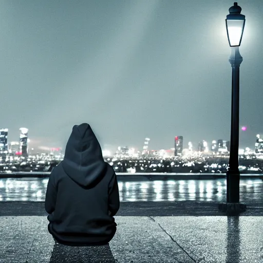 Image similar to anthropomorphic great white shark wearing a black hoodie and pants at night sitting alone underneath a single street light with a city of lights in the background, photorealistic, 8 k