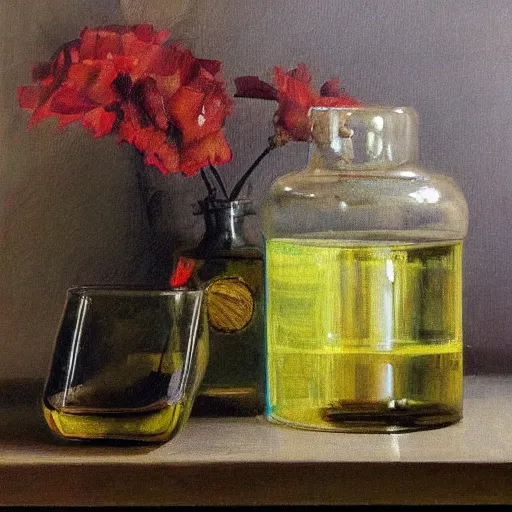 Prompt: oil painting, still life with gekko in the glass ink jar, by carl moll, by van schriek, masterpiece, museum, gallery, hd, highly detailed, realistic, artstation, digital art, clear colours,