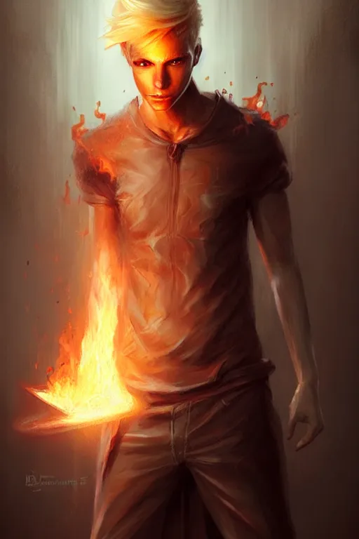 Image similar to character art by bastien lecouffe - deharme, young man, blonde hair, on fire, fire powers