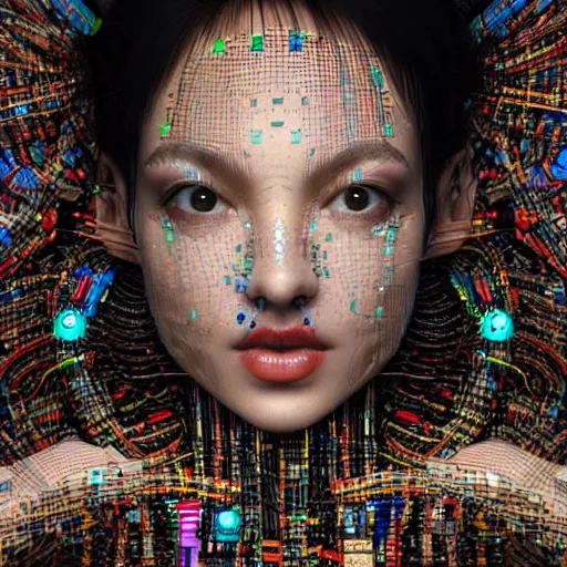 Image similar to give me a higher love, piles of modular synth cables, kawaii puerto rican goddess swimming up wearing a headpiece made of circuit boards, by cameron gray, wlop, stanley kubrick, masamune, hideki anno, jamie hewlett, unique perspective, trending on artstation, 3 d render, vivid