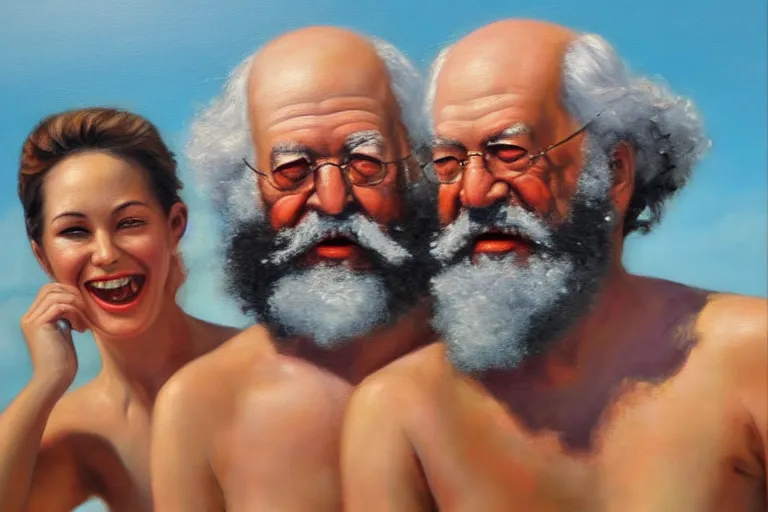 Prompt: ( ( a beautiful 8 k photorealistic masterpiece oil - painting ) ( close up ) and ( zoom out ) ( of ( karl marx and sigmund freud in a swimsuit ad ) ( in swimsuit ( both giggling and having fun ) ) ) ( hyperrealism ) ( 1 6 k ) ( trending on artstation )