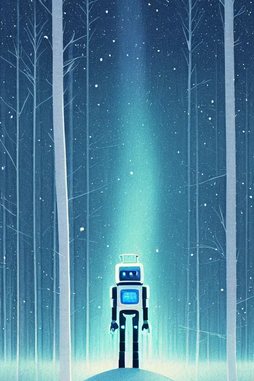 Prompt: A retro glossy white robot stands in the middle of a forest in the centre of the frame. softly glowing blue trees at night. The sky above has many stars and a beautiful blue aurora. Comet in the middle of the sky. The ground is icy and it is snowing. Cyril Roland naomi okubo. Trending on artstation. Digital painting.