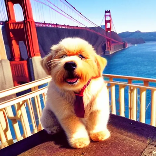 Prompt: insanely cute cuddling dog on golden gate bridge in pixar remake golden hour