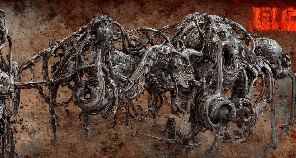 Prompt: Techno-biological rusty tank consisting of tumors, meat, veins, bones, guts, kidneys, wires. Double cannon. Biopunk, body-horror, high detail, photorealism, full length view, very rust, concept art, octane render, 16k, 8k