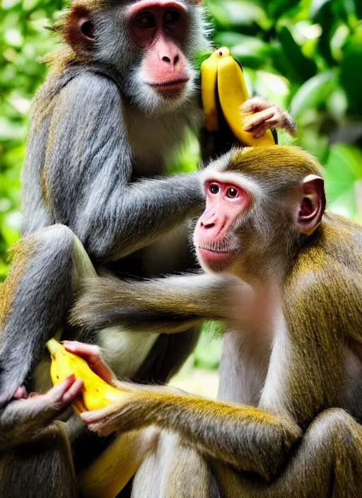 Image similar to a monkey feeds a banana to a person, color high - quality photo