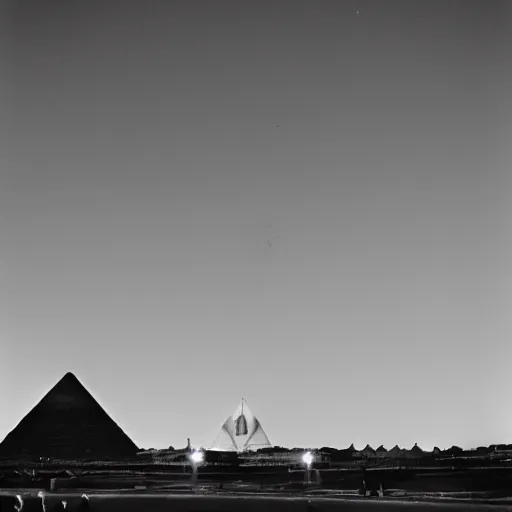 Prompt: ufo over the sphinx, film grain, shaky camera, black and white, award winning photograph,