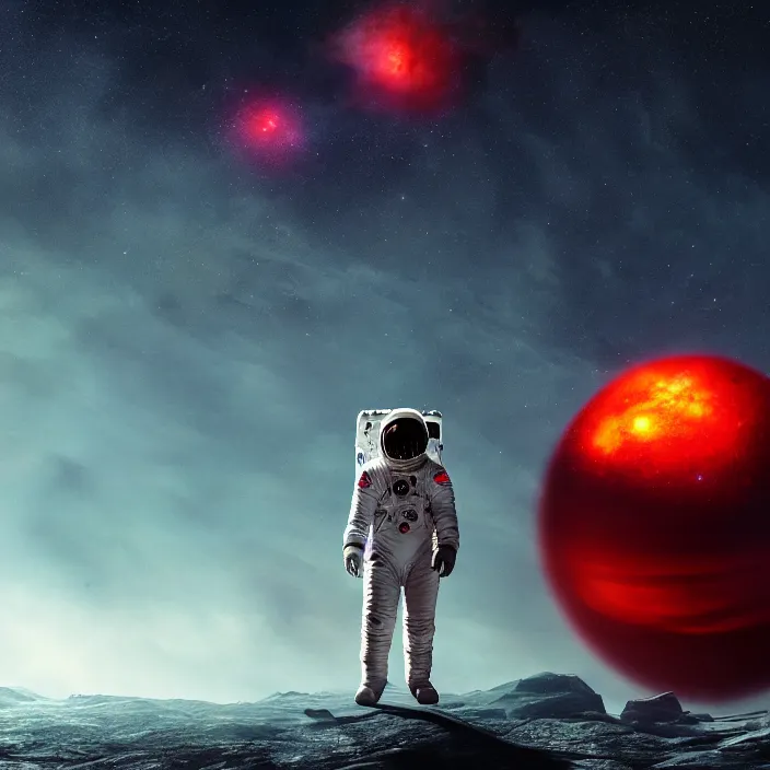 Image similar to a astronaut walking on a alien planet with a red giant galaxy appearing in the sky, digital art, concept art, trending on DeviantArt, highly detailed, high quality, 8K HDR, cinematic lighting, breathtaking image