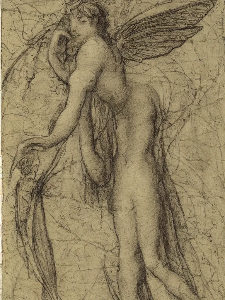 Prompt: sketch, study of a single fairy, in the style of leonardo da vinci, with written notes, annotations,