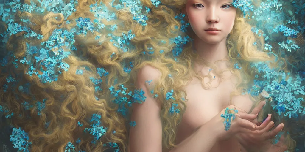 Image similar to breathtaking detailed concept art painting portrait of the hugs goddess of light blue flowers, blonde curly hair, ornate background, amalgamation of leaves and flowers, by hsiao - ron cheng, extremely moody lighting, 8 k
