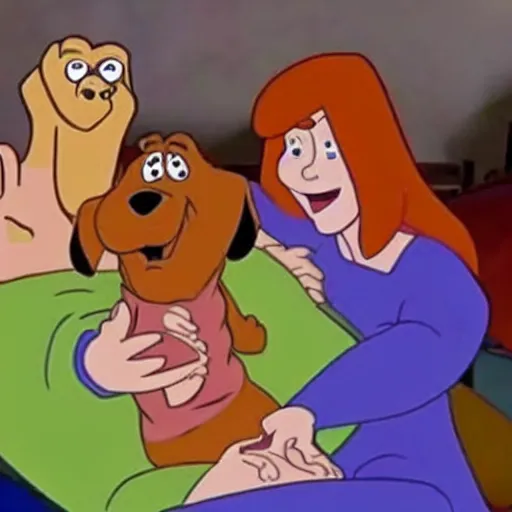 Image similar to scooby - doo on deathbed, freinds and family surround him with love, shaggy holding his paw, hospice, hannah barbera, animated tv show