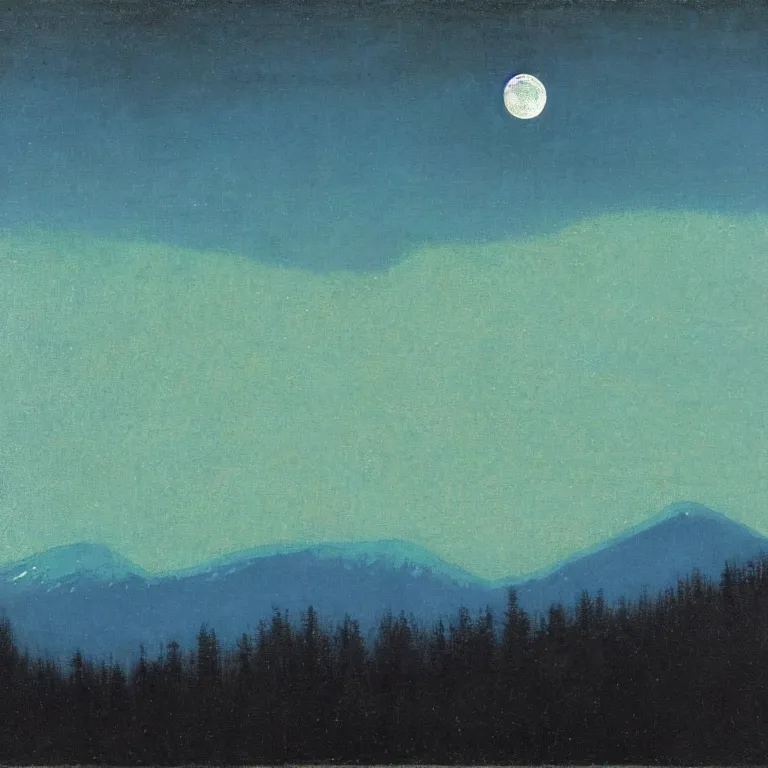 Prompt: new hampshire, mountains, winter, night, moon light, luminous, teal palette, arkhip kuindzhi, glaze oil painting