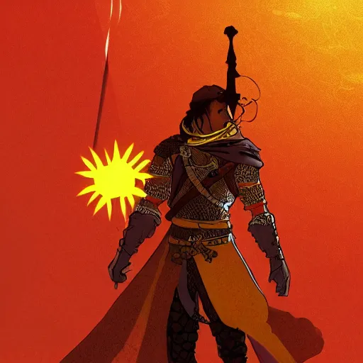 Image similar to an ultra detailed vector image of solaire of astora dressed as the prince of persia, concept art by alphonse mucha and greg rutkowski, bright red desert sands, bright yellow and red sun, octane render, praise the sun