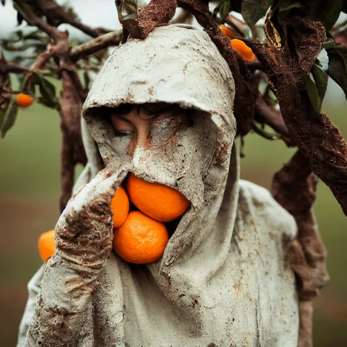 Prompt: a closeup portrait of a woman wearing a hood made of muddy rusty vinyl and plastic, picking oranges from a tree in an orchard, foggy, moody, photograph, by vincent desiderio, canon eos c 3 0 0, ƒ 1. 8, 3 5 mm, 8 k, medium - format print