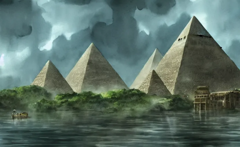 Image similar to a realistic and atmospheric cell - shaded watercolor concept art from howl's moving castle ( 2 0 0 4 ) of a futurist sci - fi city and an egyptian pyramid complex in a flooded rainforest. very dull muted colors, hd, 4 k, hq