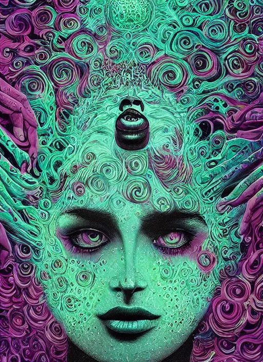 Prompt: Psychadelic goddess painting by Dan Hillier, trending on artstation, artstationHD, artstationHQ, 4k, 8k