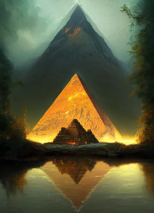 Prompt: portrait of a piramide in a magical lake, half submerged in water, highly detailed, digital painting, artstation, night scene with moutains with glowing sprites, wlop concept art, smooth, sharp focus, illustration, art by dreadjim, craig mullins and greg rutkowski, 8 k