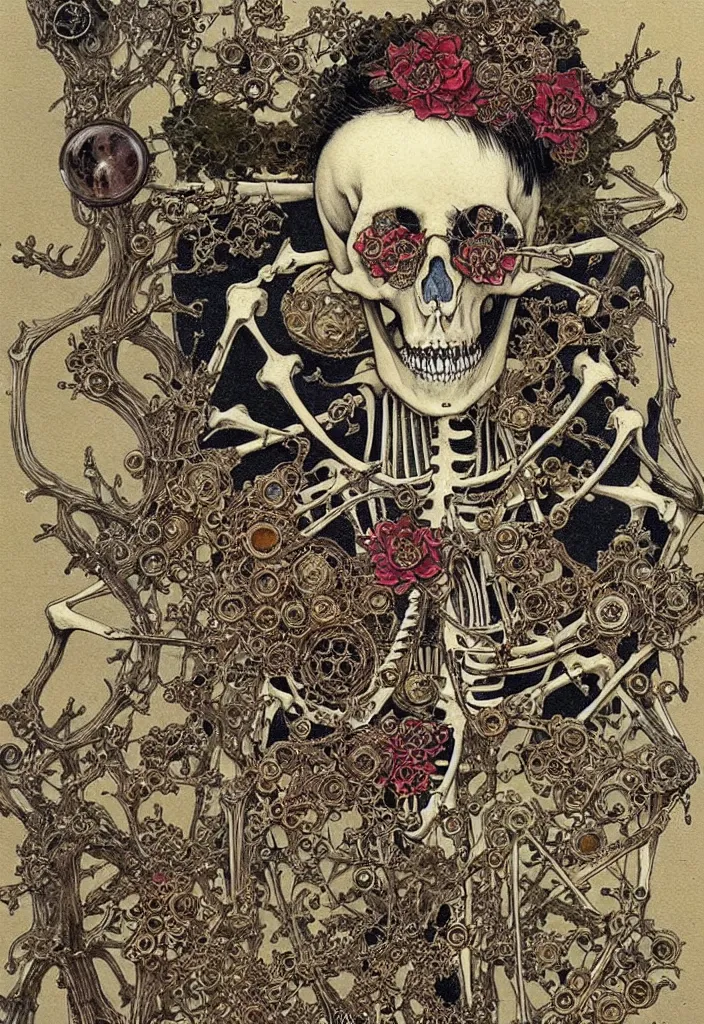 Image similar to prompt: old Victorian painting frame made out of skeleton and trinkets drawn by Takato Yamamoto, alchemical objects inspired by 1980's sci-ci, old experimentation cabinet, intricate oil painting detail, manga 1980