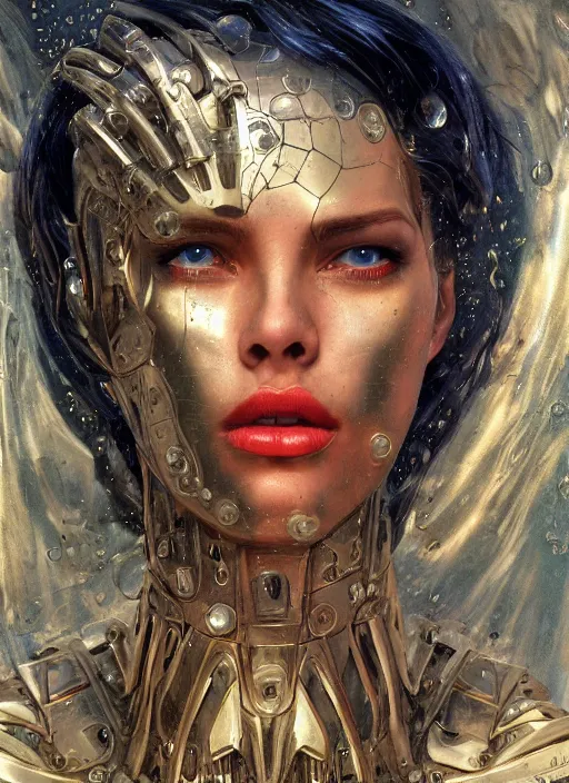 Prompt: a biblical diabolical beautiful female android girl face, hawk, shiny hi tech armor, dynamic pose, splashing, heavy eyes to the side, glowing veins, in clouds, rain, sunset, portrait, by gerald brom, by mikhail vrubel, by peter elson, muted colors, extreme detail, reflections, trending on artstation, 8 k