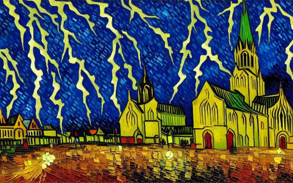 Image similar to detailed expressionist oil painting by van gogh of lightning storm over a tall gothic church, landscape painting, expressionism, 8 k resolution, smooth, sharp focus, matte painting