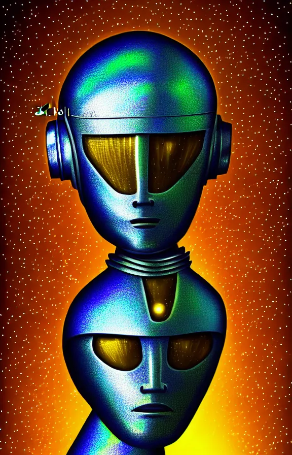 Image similar to portrait of a robot humanoid alien with golden armature and medieval helmet. Galactic iridescent background in the style of Tim white and moebius