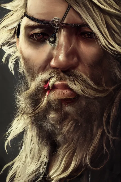 Prompt: blonde wild hair beard man, pirate eye - patch, playing guitare, close - up portrait, powerfull, intricate, elegant, volumetric lighting, scenery, digital painting, highly detailed, artstation, sharp focus, illustration, concept art, ruan jia, steve mccurry