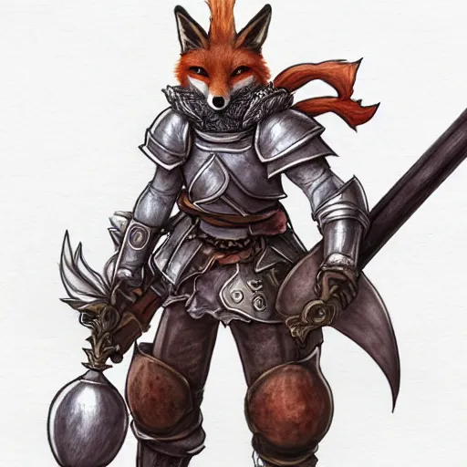 Prompt: heroic character design of anthropomorphized fox, whimsical fox , portrait, holy medieval crusader, holding enormous mace, final fantasy tactics character design, character art, whimsical, vibrant, stunning, lighthearted, colorized pencil sketch, highly detailed, Akihiko Yoshida